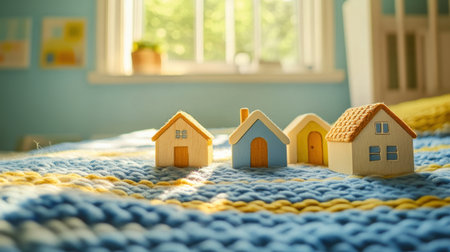Wooden figurines of houses arranged on a soft, knitted blue and yellow blanket, sunlight streaming in from the window above.の素材