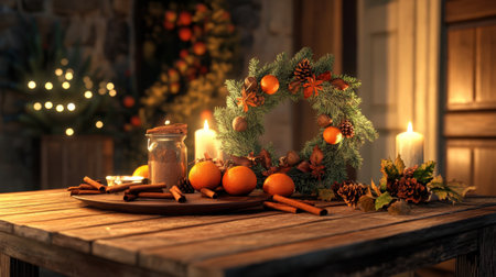 Wooden background table with December motifs: wreath centerpiece, cinnamon, dried oranges, and cozy holiday ambianceの素材