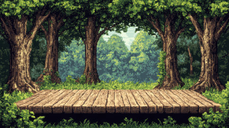 Pixel art background with dense forest, featuring a rustic wooden platform in the foreground, perfect for organic product display.の素材