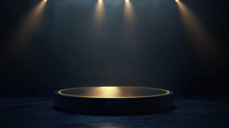A glowing gold podium under focused spotlights, set against a dark backdrop, symbolizing achievement and first place triumphの素材