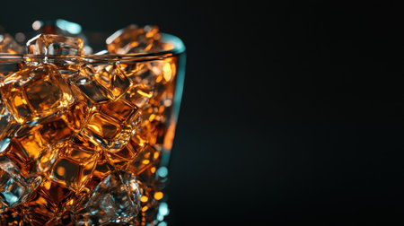 Whiskey glass with ice cubes shown up close, placed on a reflective surface with a black background, with space for text or designの素材