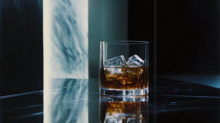 Whiskey glass filled with ice cubes, placed on a mirrored table against a dark backdrop, with open space for text or designの素材
