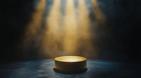 A glowing gold podium under focused spotlights, set against a dark backdrop, symbolizing achievement and first place triumphの素材