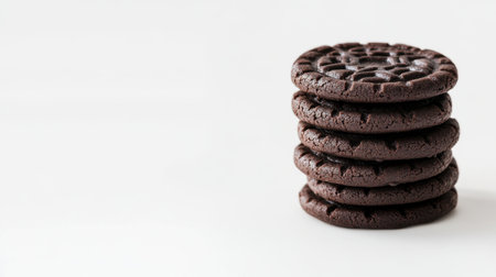 Stacked chocolate cookies in detailed photography, homemade and inviting, with open copy space for design or text, perfect for dessert conceptsの素材