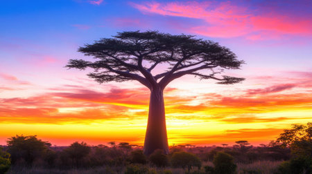 The iconic shape of a baobab tree against a colorful sunset, the sky ablaze with warm tones as the day turns to nightの素材