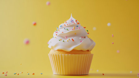 A cheerful birthday cupcake with sprinkles on a sunny yellow background, symbolizing joy and celebrationの素材