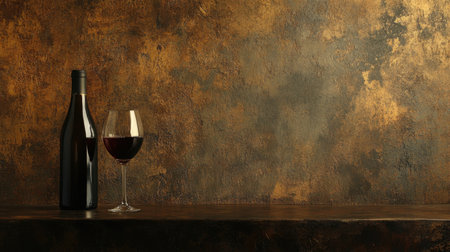 Wine flows from a bottle into a glass, set against a rustic brown backdrop, offering rich, moody tones with copy space for text or designの素材