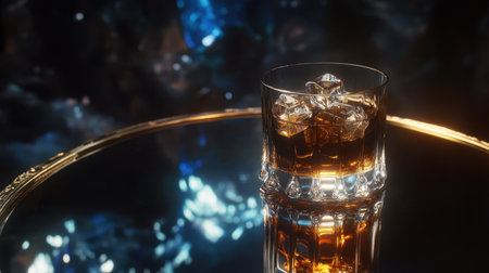 Whiskey glass filled with ice cubes, placed on a mirrored table against a dark backdrop, with open space for text or designの素材