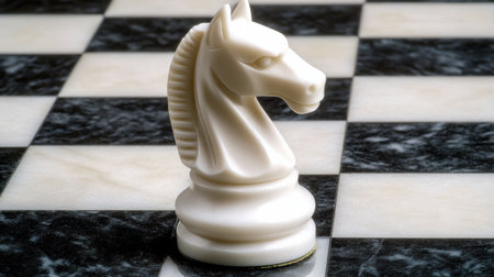 A gleaming white marble chess knight piece on a chessboard, representing strategy and intellect.の素材