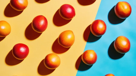 Mangoes in a creative flat lay on a colored backdrop, with plenty of space for text, ideal for a tropical, fresh themeの素材