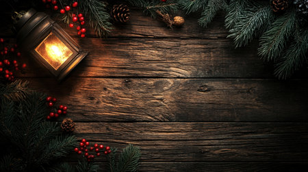 Rustic wooden table setting with a December holiday motif, including red berries, evergreen branches, and a glowing lanternの素材
