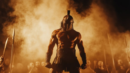 Roman gladiator in a dusty arena, muscles tense and armor shining, facing the intense heat and the roar of the crowdの素材