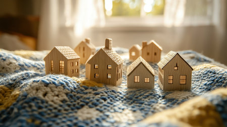 Wooden figurines of houses arranged on a soft, knitted blue and yellow blanket, sunlight streaming in from the window above.の素材