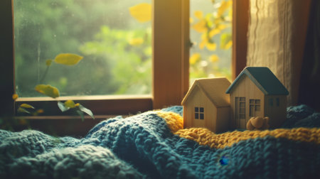 Wooden house figurines sitting on a knitted blue and yellow blanket on a windowsill, softly illuminated by natural sunlightの素材