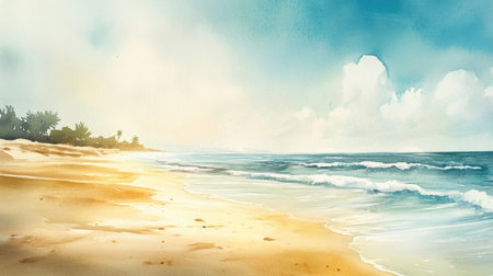 Watercolor painting of a tranquil beach, with soft sand, gentle ocean waves, and a distant horizon under a clear sky.の素材