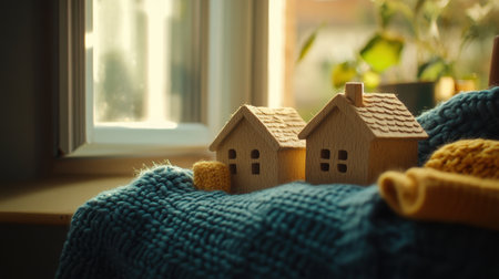 Wooden house figurines sitting on a knitted blue and yellow blanket on a windowsill, softly illuminated by natural sunlightの素材