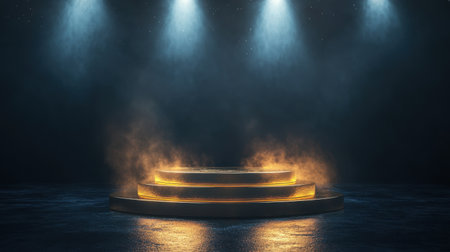 A glowing gold podium under focused spotlights, set against a dark backdrop, symbolizing achievement and first place triumphの素材