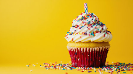 A bright birthday cupcake covered in colorful sprinkles on a vibrant yellow background, ready for celebration.の素材