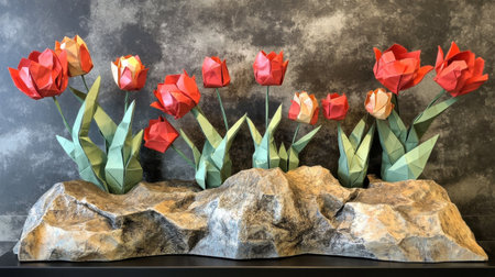 A beautiful arrangement of tulips made in origami style, each flower a piece of art, representing the freshness and vibrancy of springの素材