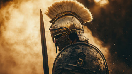 Roman soldier in full armor, standing at the forefront of a battlefield, dust rising around him, his sword raised and ready for the next fightの素材