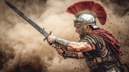 Roman soldier in full armor, standing at the forefront of a battlefield, dust rising around him, his sword raised and ready for the next fightの素材