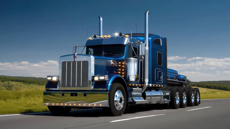 A powerful truck speeding down an open highway, transporting cargo on an asphalt road under a clear blue sky, logistics in motion.の素材