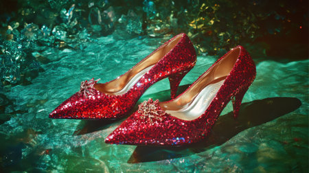 A pair of dazzling ruby slippers sit on a rich emerald green surface, reminiscent of classic fantasyの素材