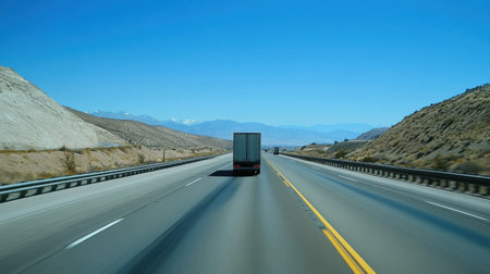 A powerful truck speeding down an open highway, transporting cargo on an asphalt road under a clear blue sky, logistics in motion.の素材