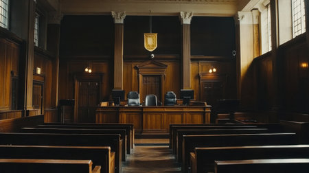 A silent, empty courtroom with polished wooden furniture, the calm before the legal proceedings begin.の素材