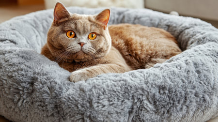 A red-haired Scottish fold cat with piercing yellow eyes lounging on a soft, cozy bed, capturing the essence of relaxation and comfortの素材