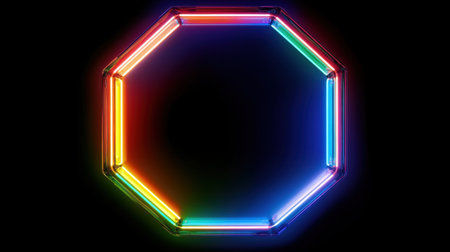 A neon octagon frame glowing in bright colors, rotating against a dark background, creating a dynamic and futuristic light effectの素材