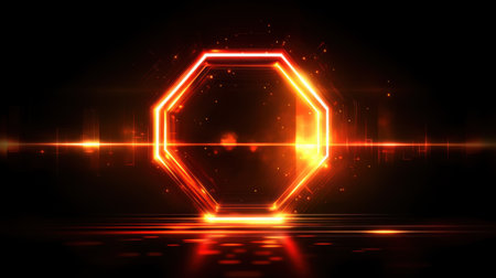 A rotating neon octagon frame glowing against a dark background, emitting bright lights for a futuristic and dynamic design effectの素材