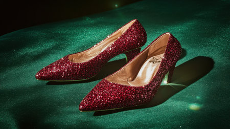 A pair of dazzling ruby slippers sit on a rich emerald green surface, reminiscent of classic fantasyの素材