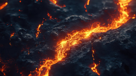 Aerial view of a powerful volcanic eruption, with bright orange magma flowing rapidly down the side, capturing the raw energy and force of natureの素材