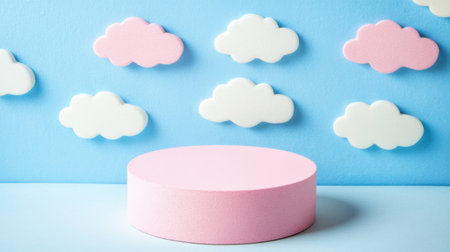 A stylish pink product display podium against a sky-blue background with pastel clouds, creating a calming and creative sceneの素材