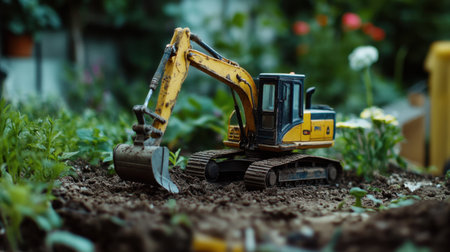 A small excavator at work in a backyard garden, preparing the land for planting or construction.の素材