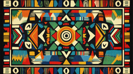 A traditional Ndebele pattern textile, rich with vibrant colors and intricate designs, celebrating the cultural heritage of South Africa.の素材