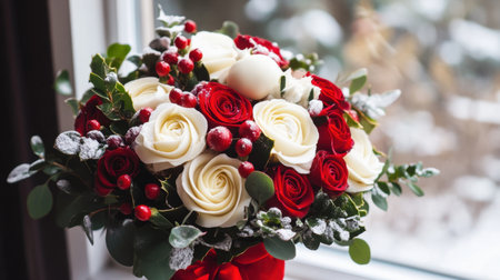 Beautiful festive bouquet and Christmas cupcakes arranged on a table near a window, bathed in natural light, evoking the holiday seasonの素材