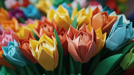 A spring bouquet of tulips crafted from colorful origami paper, showcasing delicate floral art with vibrant hues and intricate foldsの素材
