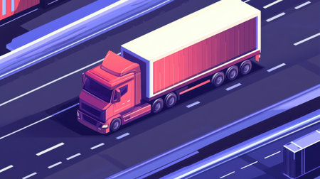 A speeding truck on an empty stretch of asphalt road, showcasing fast logistics and transportation services in action.の素材