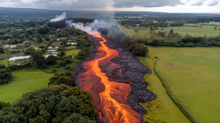 Aerial view of a powerful volcanic eruption, with bright orange magma flowing rapidly down the side, capturing the raw energy and force of natureの素材
