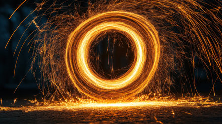 A stunning visual of sparks spinning around a flashing star, with flying particles in a mesmerizing circle, creating a dynamic light effectの素材