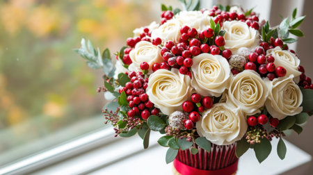 Beautiful festive bouquet and Christmas cupcakes arranged on a table near a window, bathed in natural light, evoking the holiday seasonの素材