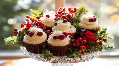 Christmas cupcakes and a beautiful festive bouquet in a decorative bowl on a table near a window, perfect for holiday-themed contentの素材