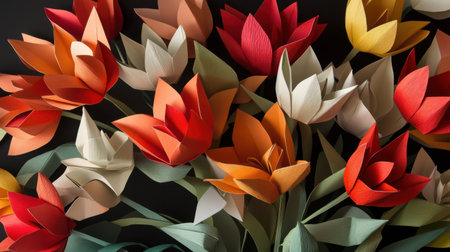 A vibrant spring bouquet of origami tulips, with delicate paper folds bringing art and nature together in a stunning displayの素材