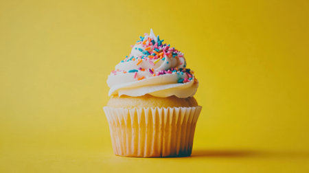 Close-up of a delicious birthday cupcake topped with sprinkles, sitting on a bright yellow backdrop, perfect for parties.の素材