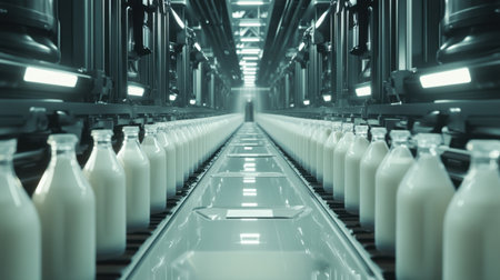 Automated dairy production line filling plastic bottles with fresh milk or yogurt at a modern dairy plant, showcasing efficient manufacturingの素材
