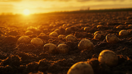 Close-up of freshly harvested potatoes resting on soil at sunset, with warm golden light highlighting the beauty of farm produceの素材