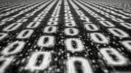 Close-up of binary code, zeros and ones representing digital information flowing smoothly, symbolizing coding, data, and modern technologyの素材