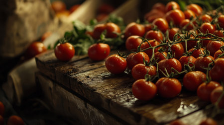 Close-up of red tomatoes on a rustic market stall, surrounded by fresh farm produce, creating a natural and wholesome vibe for organic food contentの素材